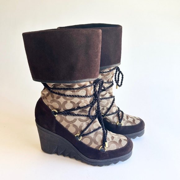 Coach Brown Suede Genuine Leather Canvas Signature Logo Wedge Mid Calf Boots - Picture 1 of 12